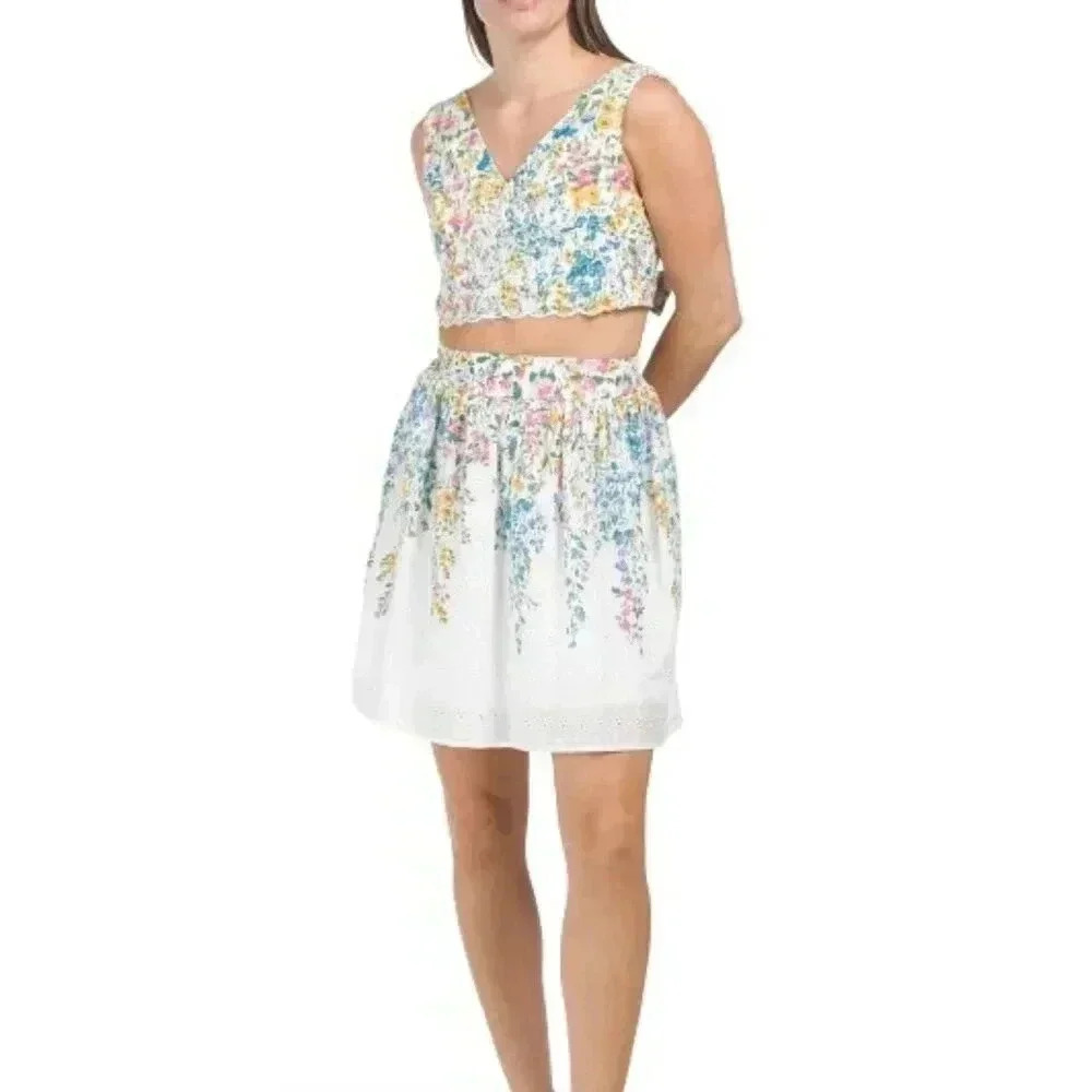 Sleeveless Cascading Floral Top And Skirt Set (Color: Multi)